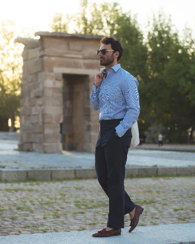 Blue Pencil Stripes on White Shirt