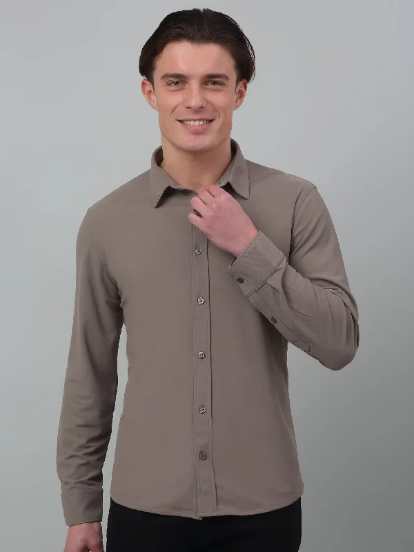 Men's Charcoal Grey Casual Plain Stretch Full Sleeve Shirt