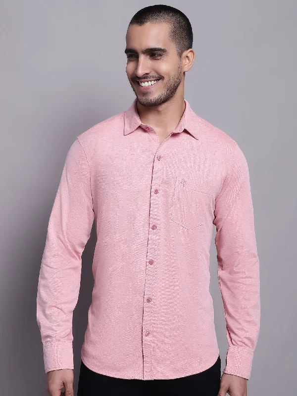 Men's Pink Casual Knit Self Textured Full Sleeve Shirt