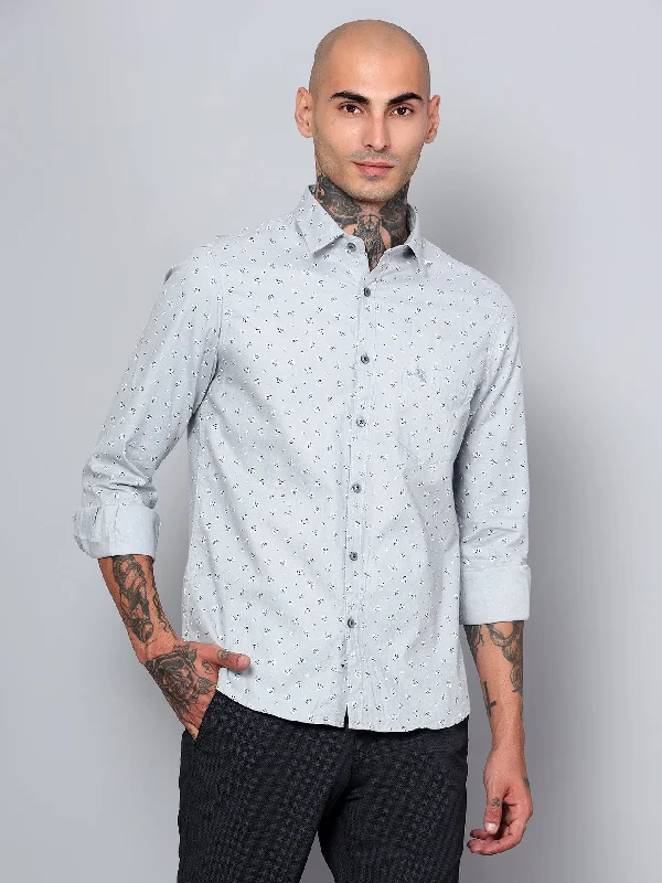 Men's Light Grey Casual Floral Ditsy Print Full Sleeve Shirt