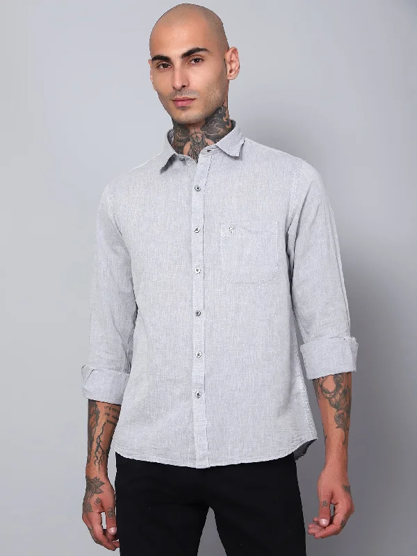 Men's Light Grey Casual Plain Full Sleeve Shirt