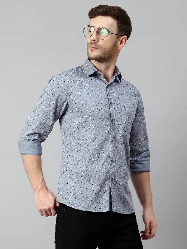 Men's Light Grey Casual Floral Print Full Sleeve Shirt