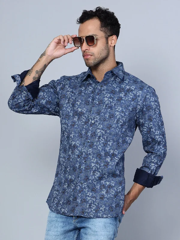 Men's Navy Blue Party Abstract Print Full Sleeve Shirt