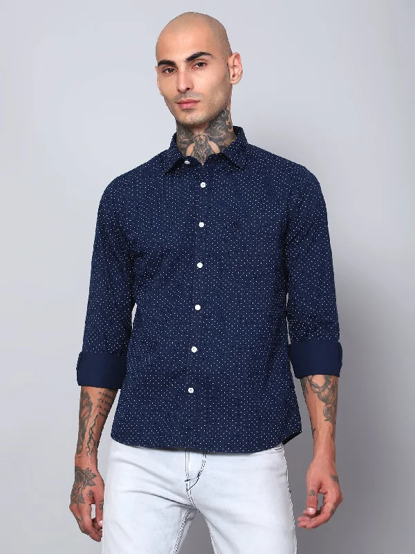 Men's Navy Blue Casual Dot Print Full Sleeve Shirt