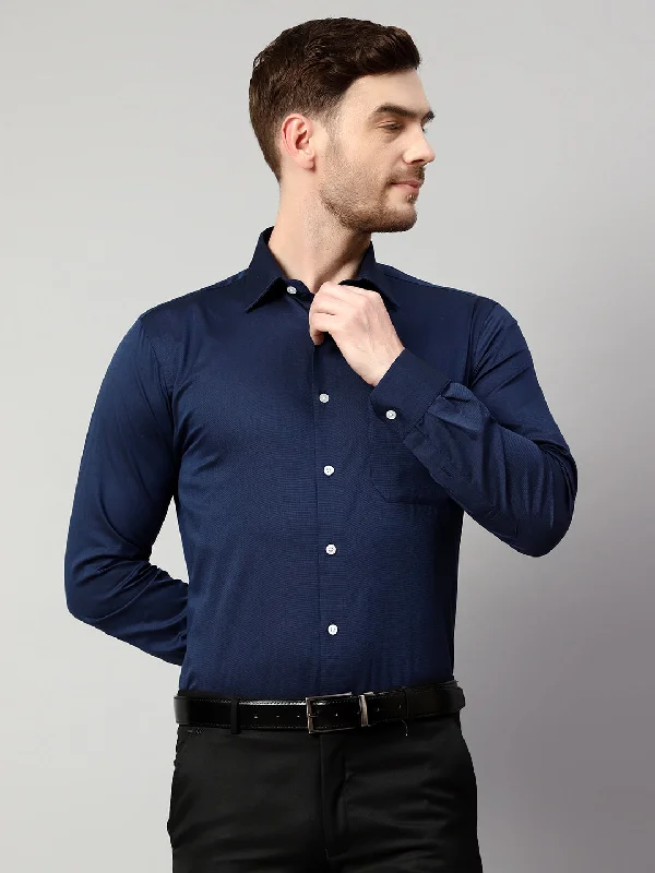 Men's Navy Blue Formal Fil a Fil Plain Full Sleeve Shirt