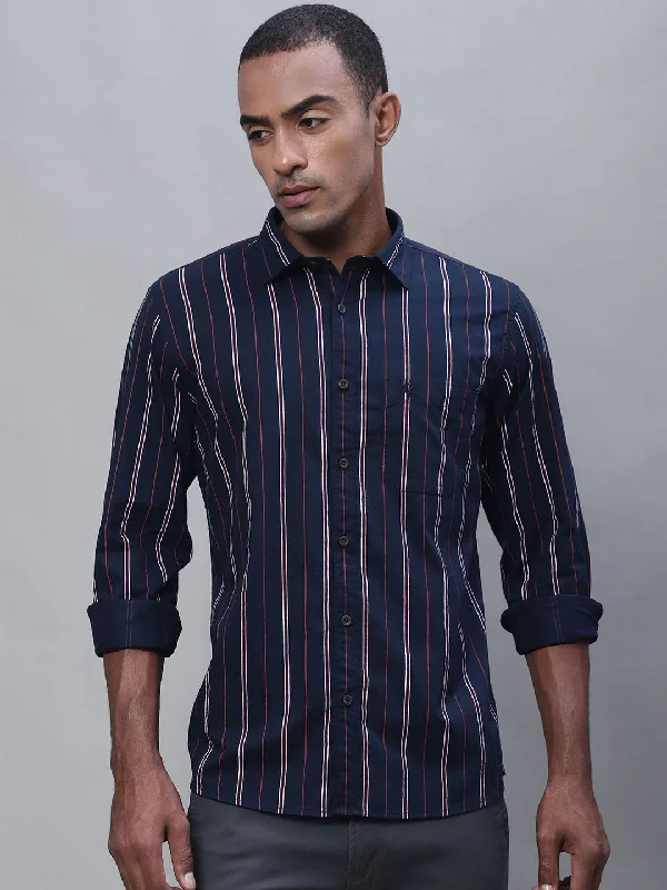 Men's Navy Blue Casual Narrow Stripe Full Sleeve Shirt