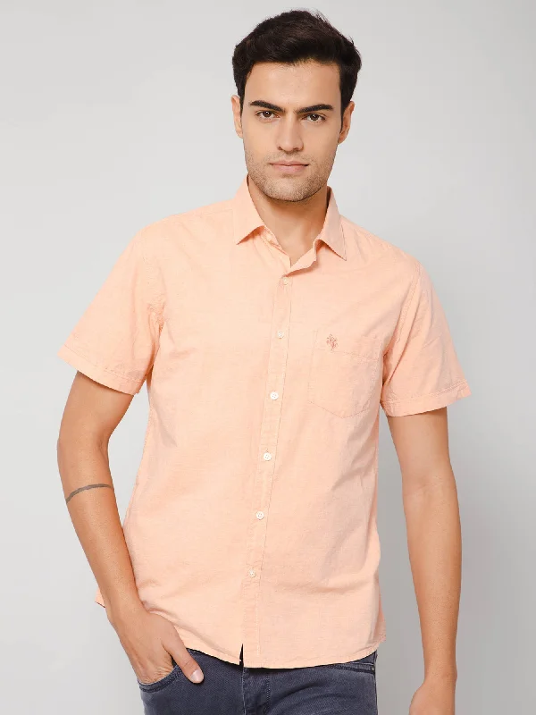 Men's Light Orange Casual Plain Half Sleeve Shirt