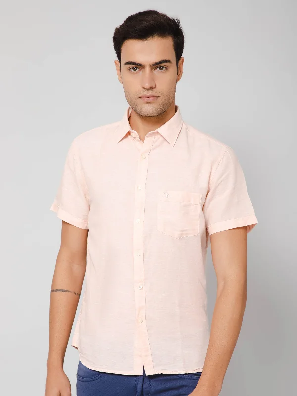 Men's Light Peach Casual Plain Half Sleeve Shirt