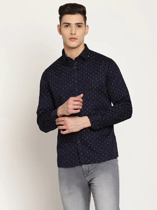 Men's Navy Blue Casual Geometric Print Full Sleeve Shirt