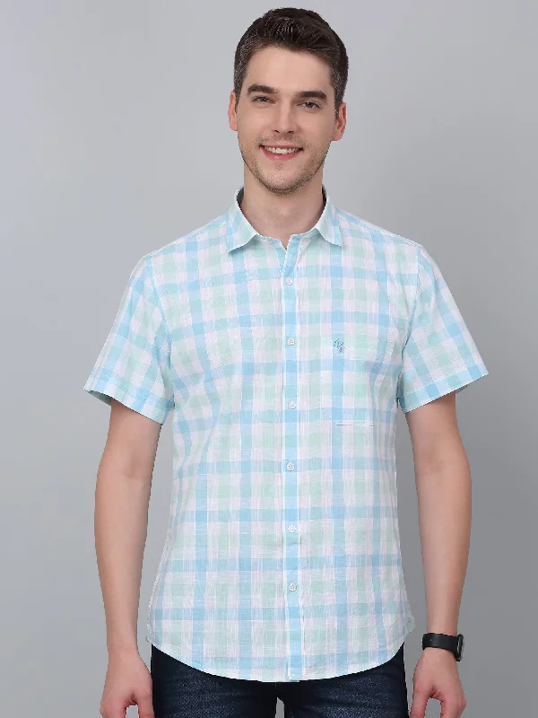 Men's Light Green Casual Medium Checks Half sleeve Shirt