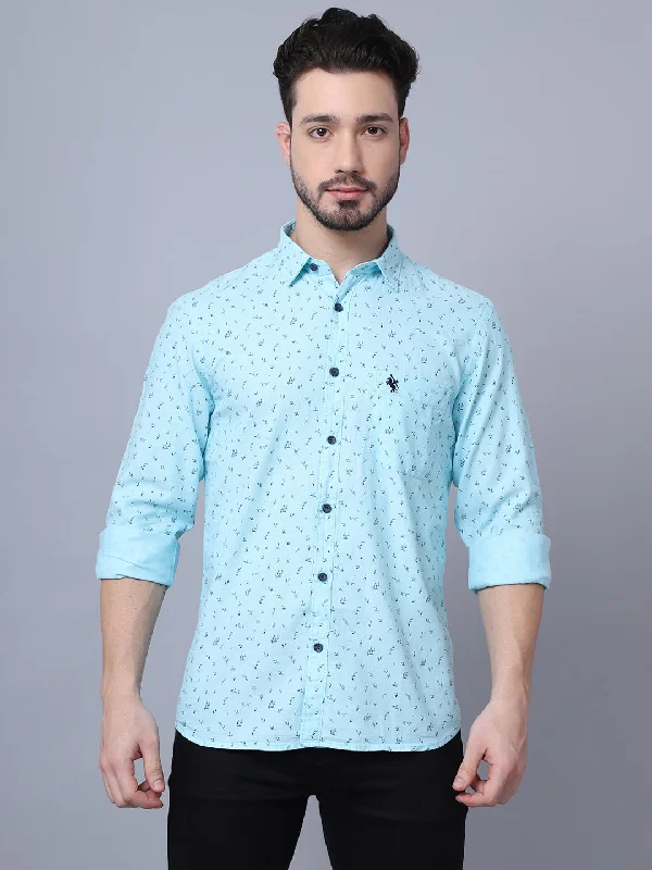 Men's Mint Blue Casual Floral Print Full Sleeve Shirt