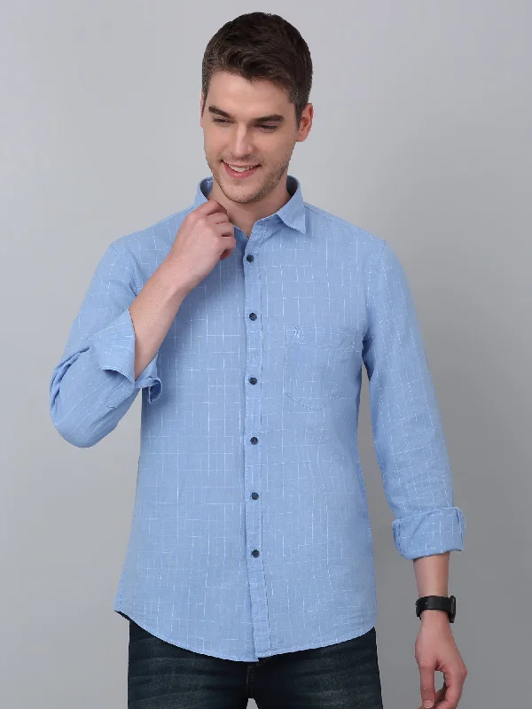 Men's Sky Blue Casual Small Checks Full Sleeve Shirt