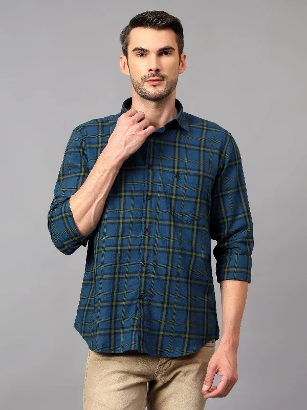 Men's Teal Blue Casual Big Checks Full Sleeve Shirt