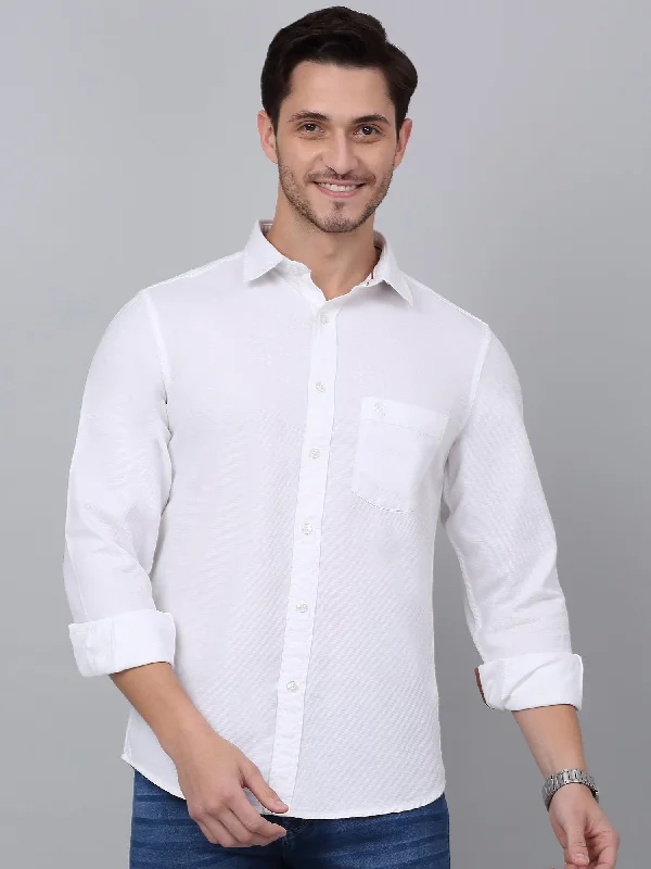 Men's White Casual Self Textured Full Sleeve Shirt