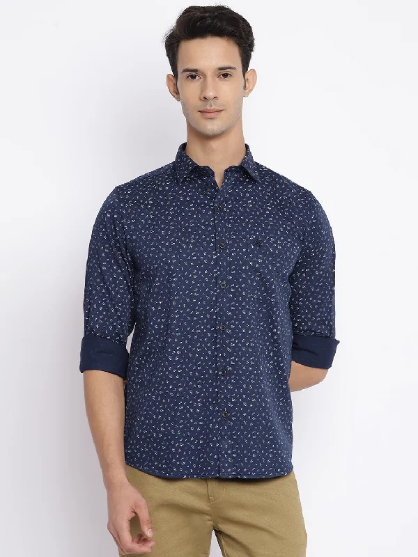 Men's Navy Blue Casual Floral Print Full Sleeve Shirt