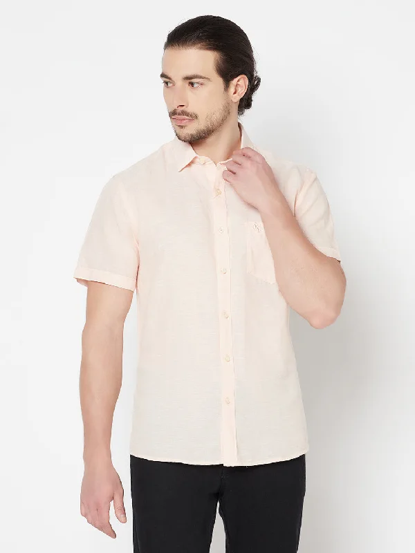 Men's Peach Casual Plain Half Sleeve Shirt