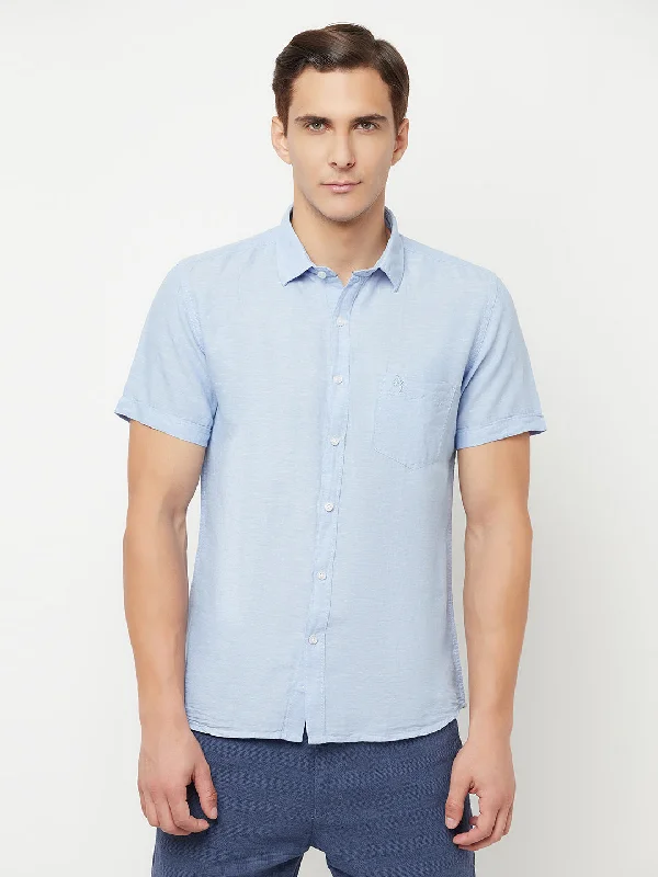 Men's Sky Blue Casual Plain Half Sleeve Shirt