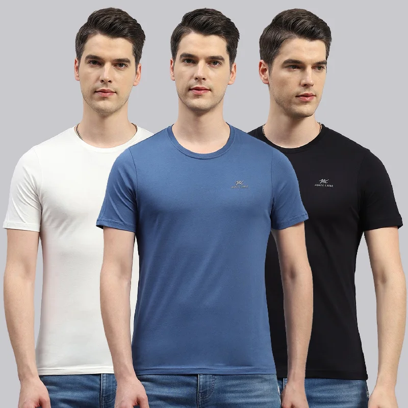 Men Black, Blue & Off White Solid Round Neck Half Sleeve T-Shirt (Pack of 3)