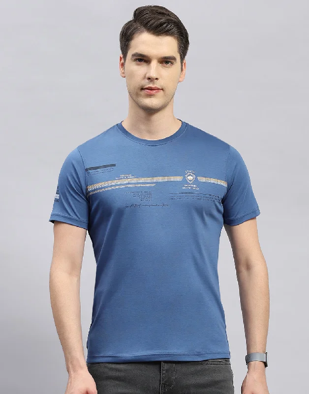 Men Blue Printed Round Neck Half Sleeve T-Shirt