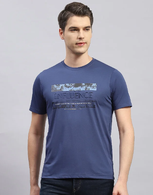 Men Blue Printed Round Neck Half Sleeve T-Shirt