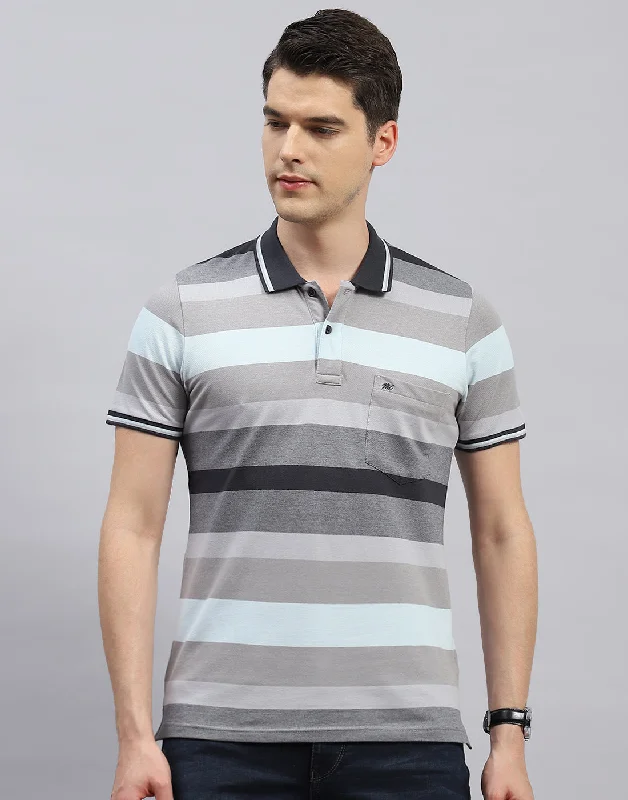 Men Grey Stripe Polo Collar Half Sleeve T-Shirt