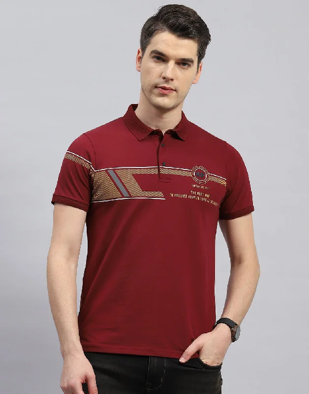 Men Maroon Printed Polo Collar Half Sleeve T-Shirt