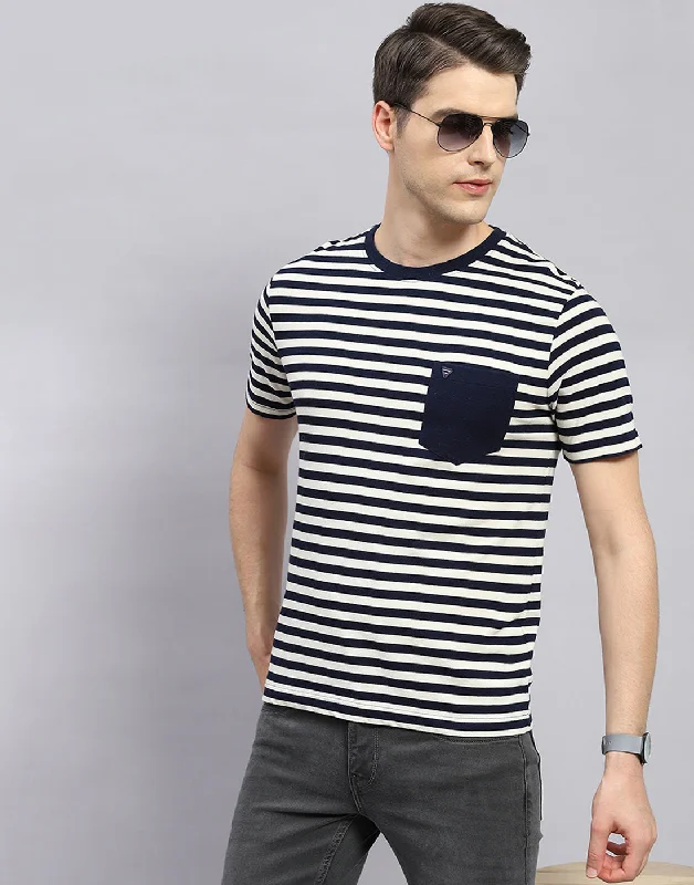 Men Navy Blue Stripe Polo Collar Half Sleeve T-Shirt