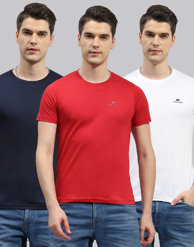 Men Navy Blue, White & Red Solid Round Neck Half Sleeve T-Shirt (Pack of 3)