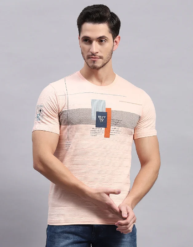 Men Peach Printed Round Neck Half Sleeve T-Shirt