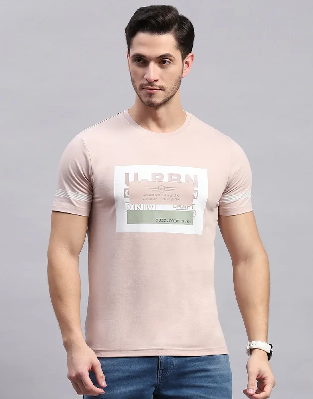 Men Peach Printed Round Neck Half Sleeve T-Shirt