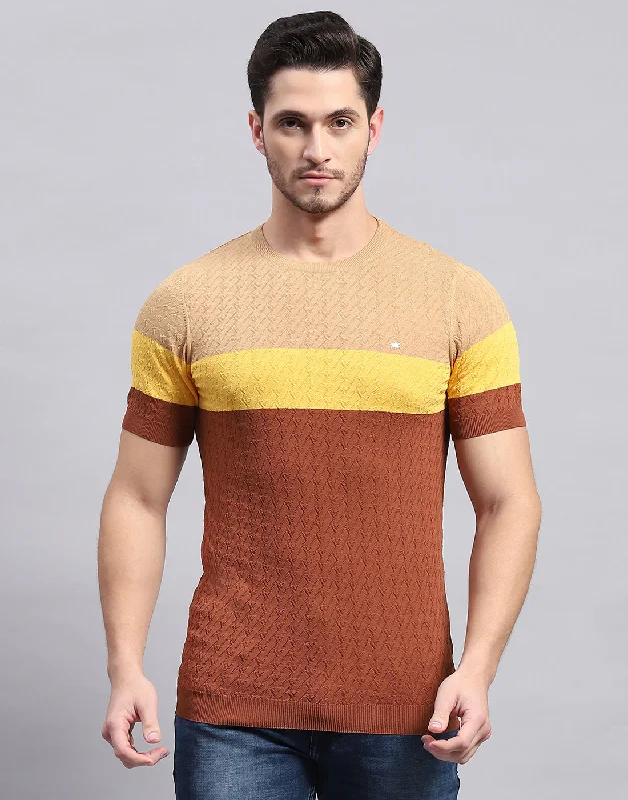 Men Rust Stripe Round Neck Half Sleeve T-Shirt