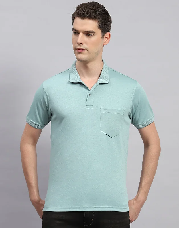 Men Sea Green Solid Collar Neck Half Sleeve T-Shirt