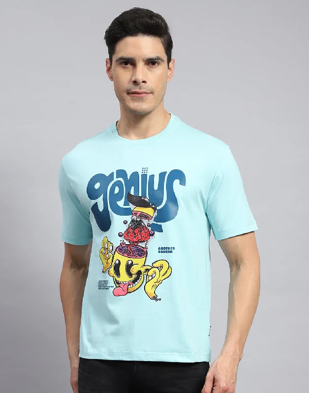 Men Turquoise Blue Printed Round Neck Half Sleeve T-Shirt