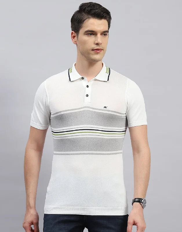 Men White Stripe Polo Collar Half Sleeve T-Shirt