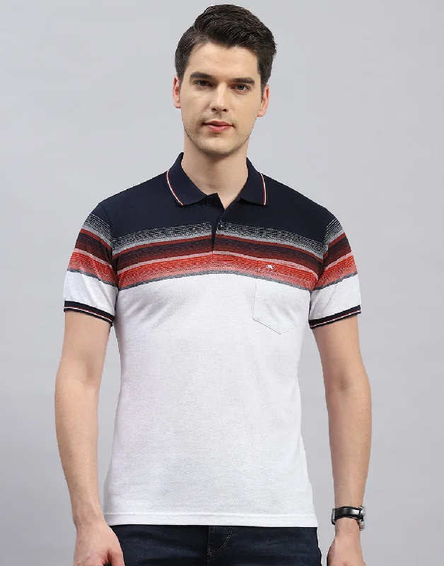 Men White Stripe Polo Collar Half Sleeve T-Shirt