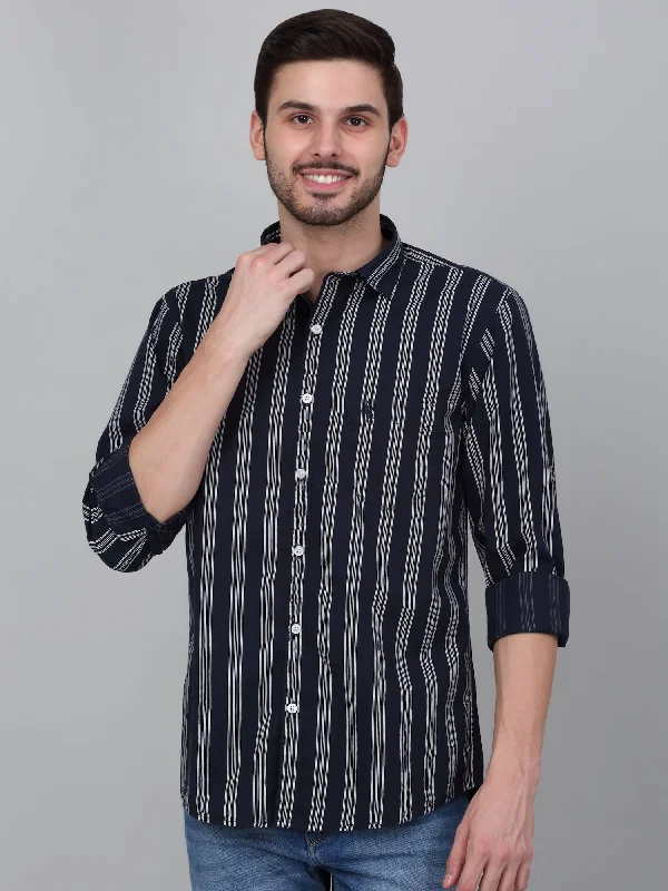 Men's Navy Blue Striped Full Sleeve Casual Shirt