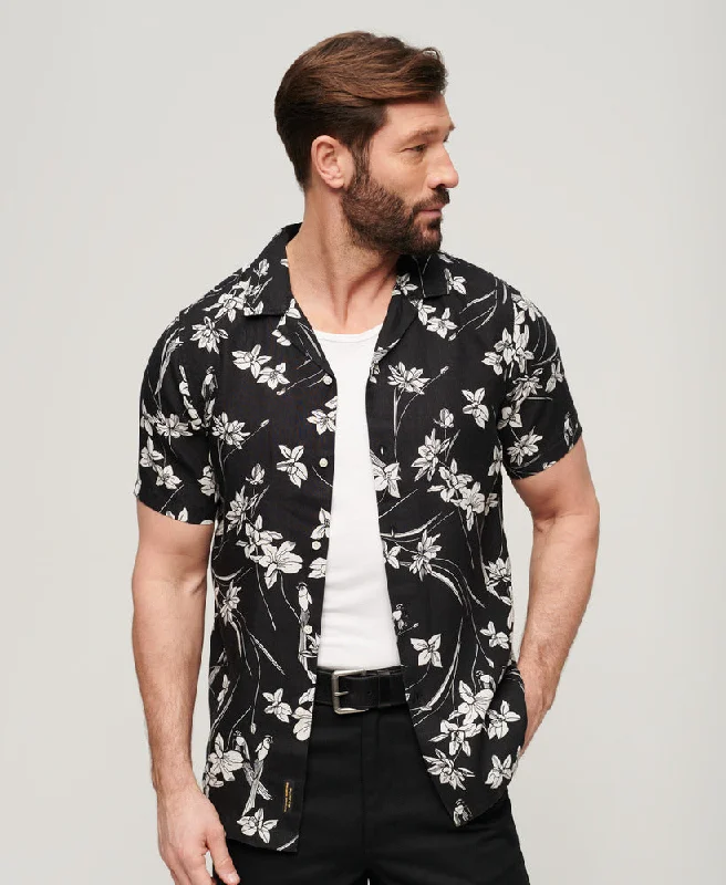 Open Collar Print Linen Shirt | Lotus Flower Black Print