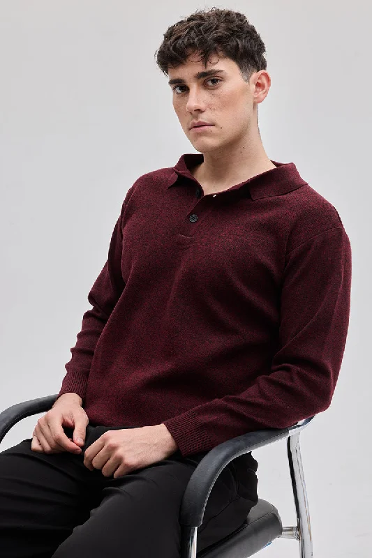 Maroon Knitted Polo Sweater