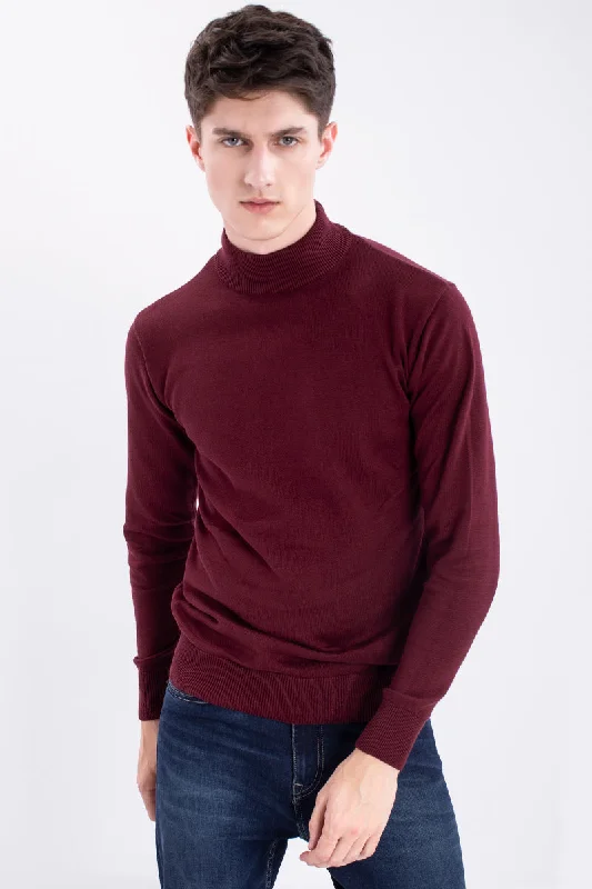 Maroon Solid Rib-Knit Turtle Neck Sweater